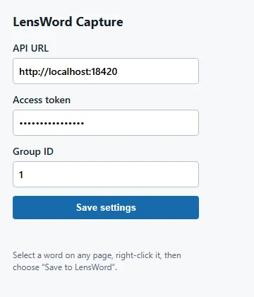 Browser extension popup with API URL, access token, and group ID fields