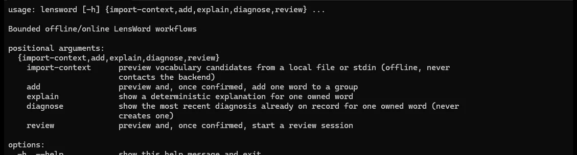 Terminal showing lensword --help output listing the import-context, add, explain, diagnose, and review subcommands