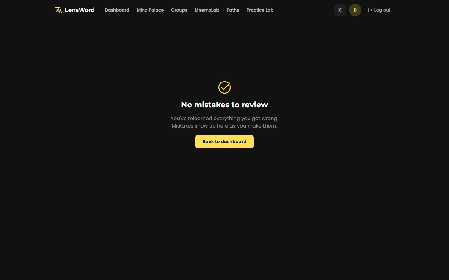 Review my mistakes page showing "No mistakes to review"