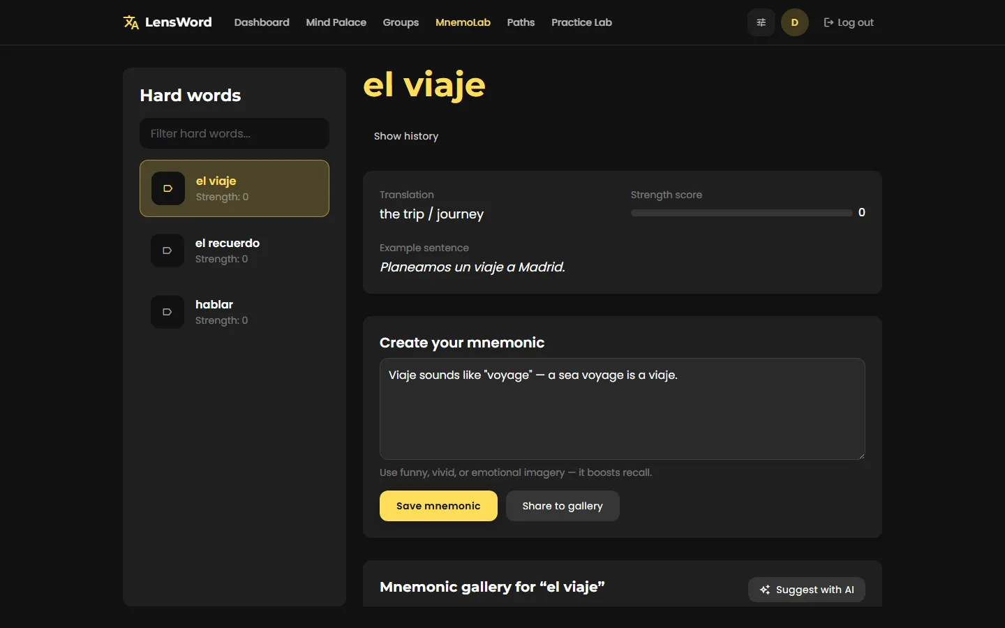 MnemoLab word detail with translation, strength score, and mnemonic editor