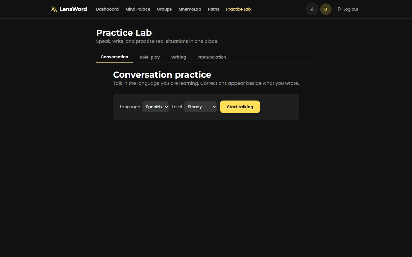 Practice Lab with Conversation, Role-play, Writing, and Pronunciation tabs