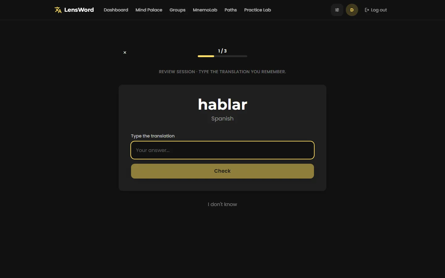 Forced-recall review session prompting for the translation of "hablar"