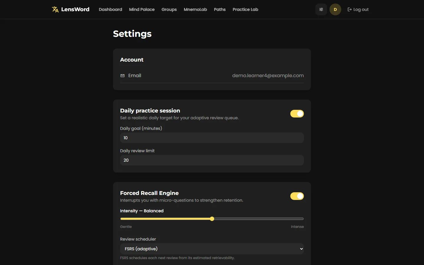 Settings page: daily practice session, Forced Recall Engine intensity, and review scheduler